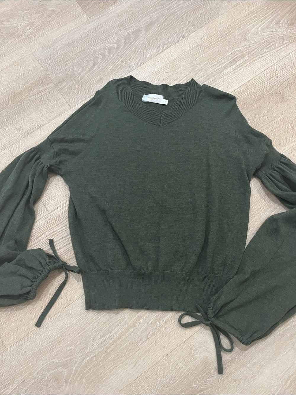Zimmermann Olive Green V-Neck Balloon Sleeve Sweater